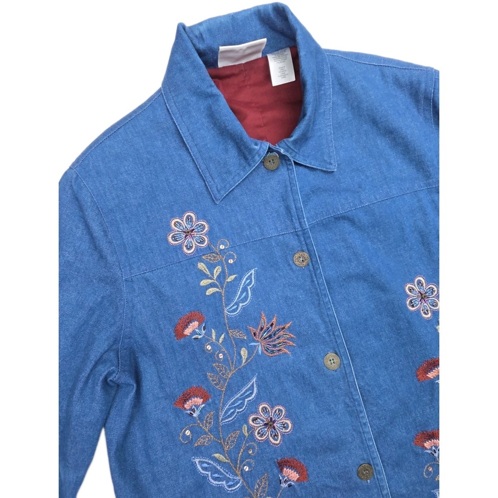 Embroidered Denim Jacket Floral Y2K Alfred Dunner Blue Beaded Stretch Size 8